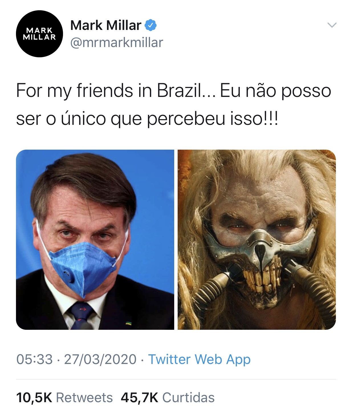 Mark Millar compara Bolsonaro a Immortan Joe