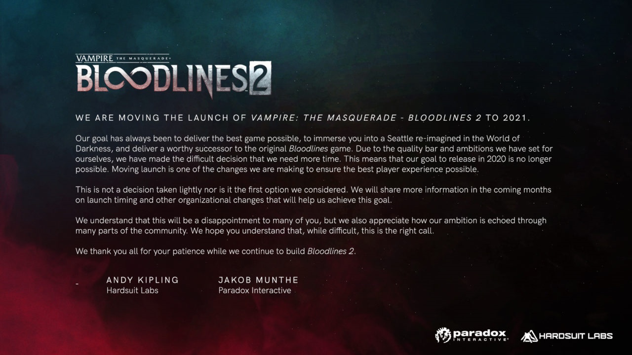 Vampire The Masquerade - Bloodlines 2 é adiado