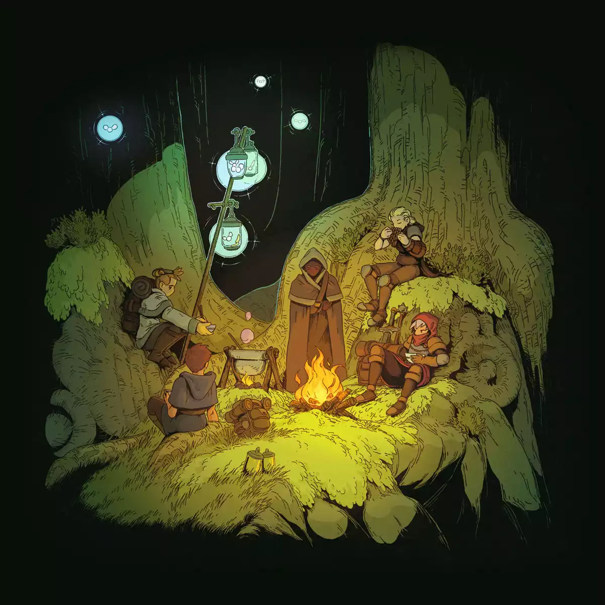 Arte de do estúdio Gardens apresentando uma série der personagens de RPG em um acampamento.