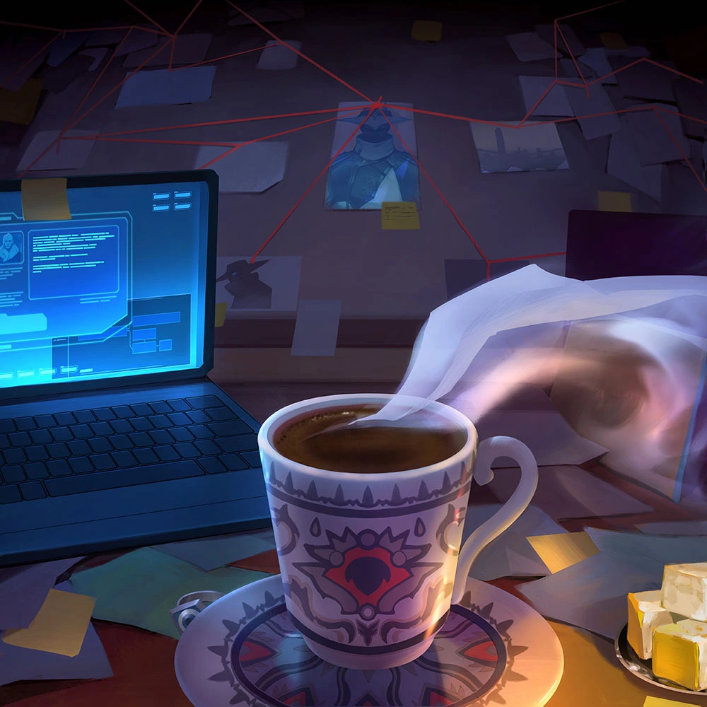 imagem teaser de novo agente de valorant, onde é possível ver uma mesa ocm um notebook, uma xícara de chá e alguns cubos de manjar turco.