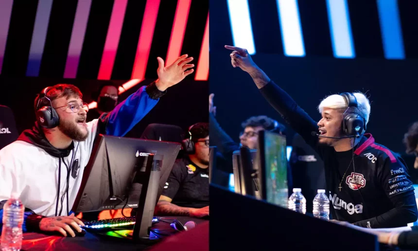 CBLOL 22 | RED Canids Kalunga aplica 3x1 e elimina FURIA 47 Foto com Ranger e TitaN sentados em computadores opostos gritando e levantando o braço um para o outro