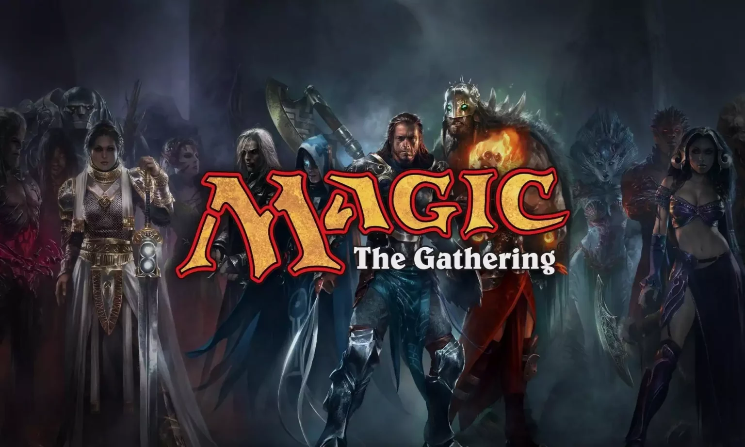 logo de Magic The Gathering à frente de diversos personagens do jogo