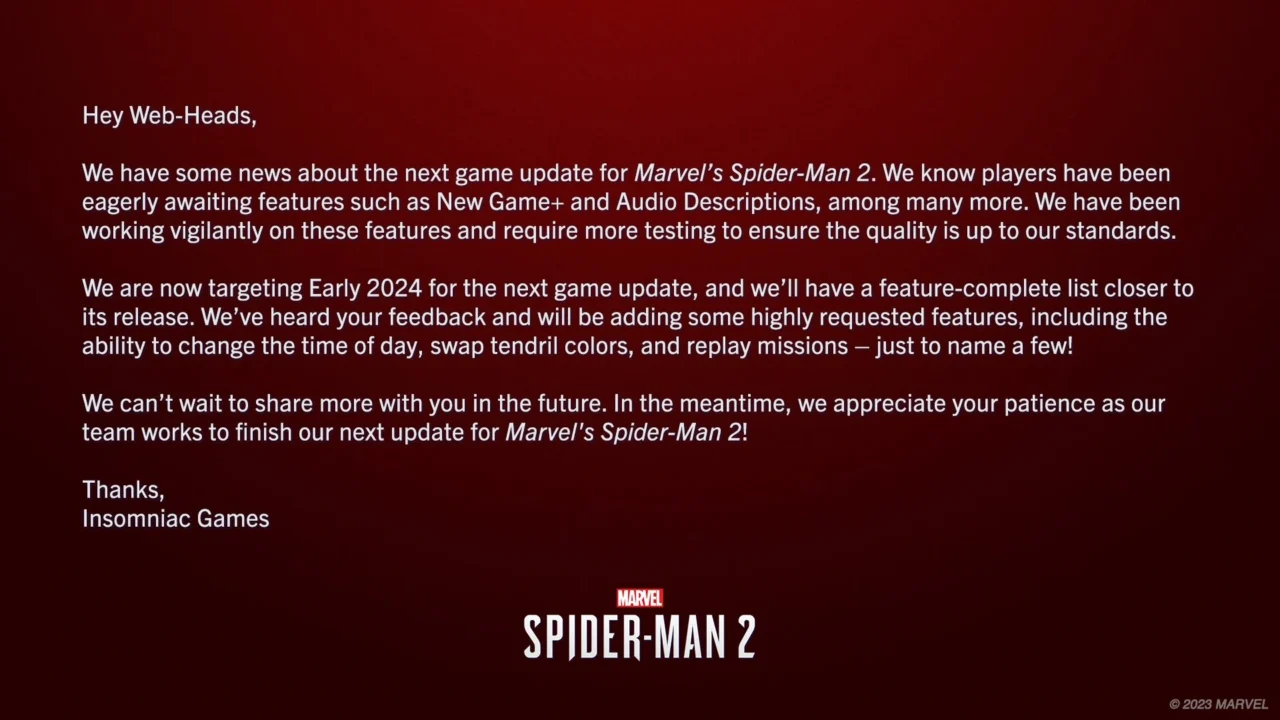 Marvel's Spider-Man 2 terá uma grande atualização no início de 2024