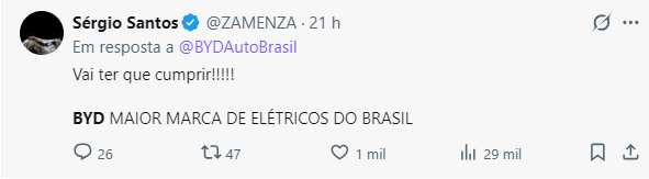 BYD com conta fake no Twitter enganou fãs de participante do BBB 26 e blogueiros 3 Blogueiros famosos caíram na conta fake da BYD.